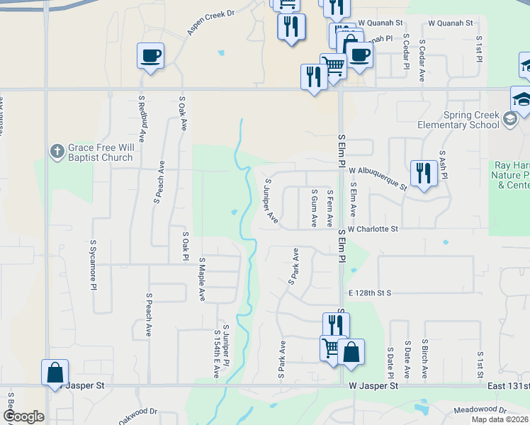 map of restaurants, bars, coffee shops, grocery stores, and more near 7508 South Juniper Avenue in Broken Arrow