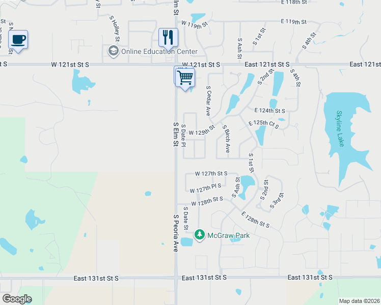 map of restaurants, bars, coffee shops, grocery stores, and more near 12532 South Date Street in Jenks