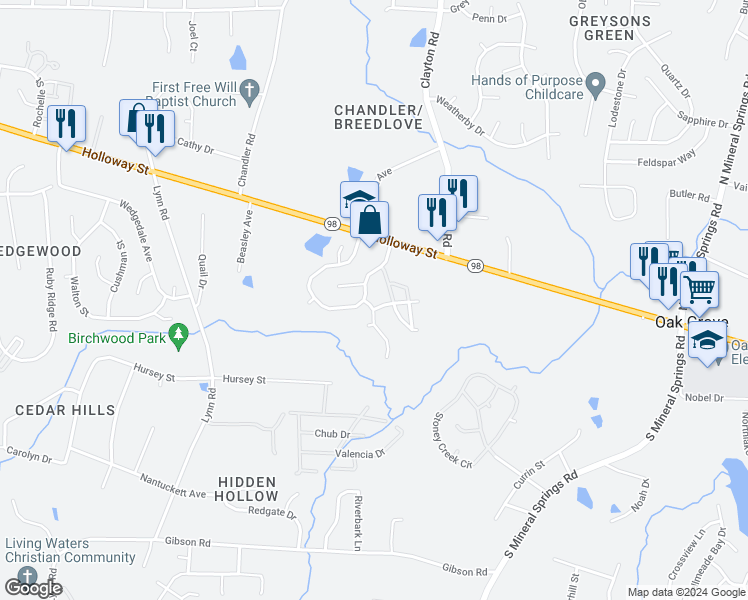 map of restaurants, bars, coffee shops, grocery stores, and more near 301 Farm House Lane in Durham