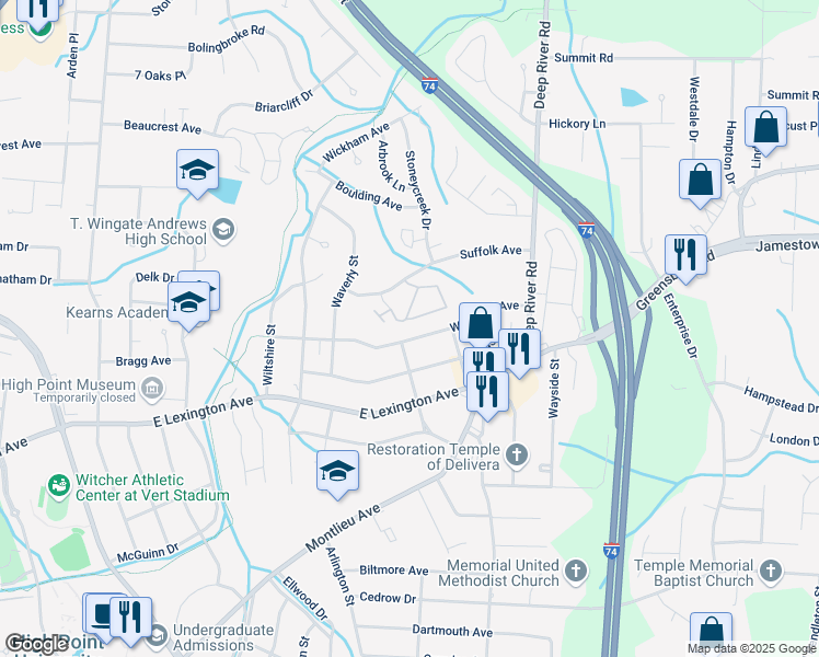 map of restaurants, bars, coffee shops, grocery stores, and more near 2421 Woodruff Avenue in High Point