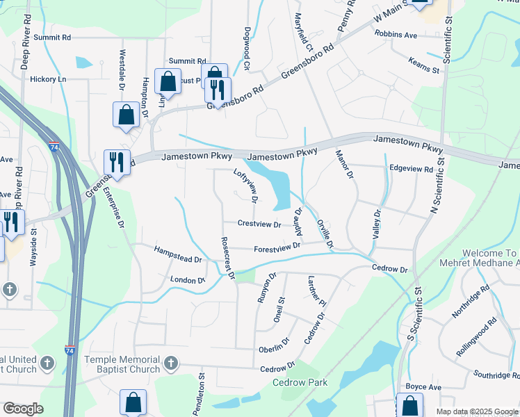 map of restaurants, bars, coffee shops, grocery stores, and more near 3243 Loftyview Drive in High Point