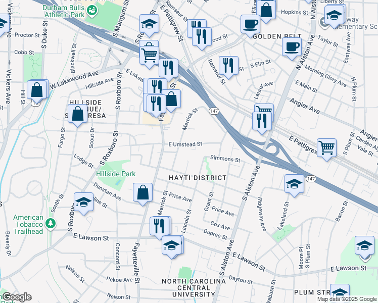 map of restaurants, bars, coffee shops, grocery stores, and more near 600 East Umstead Street in Durham