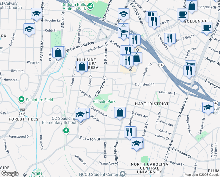 map of restaurants, bars, coffee shops, grocery stores, and more near 200 East Umstead Street in Durham