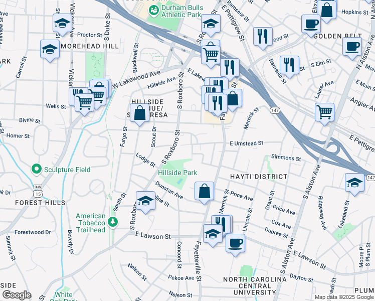 map of restaurants, bars, coffee shops, grocery stores, and more near 200 East Umstead Street in Durham