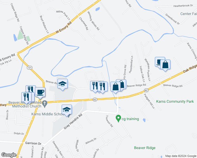 map of restaurants, bars, coffee shops, grocery stores, and more near 3330 Adams Gate Road in Knoxville