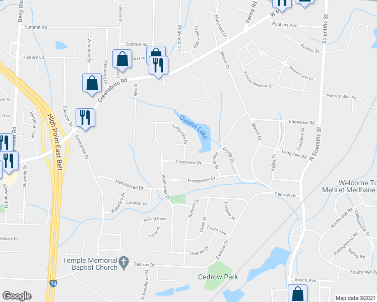 map of restaurants, bars, coffee shops, grocery stores, and more near 3243 Loftyview Drive in High Point