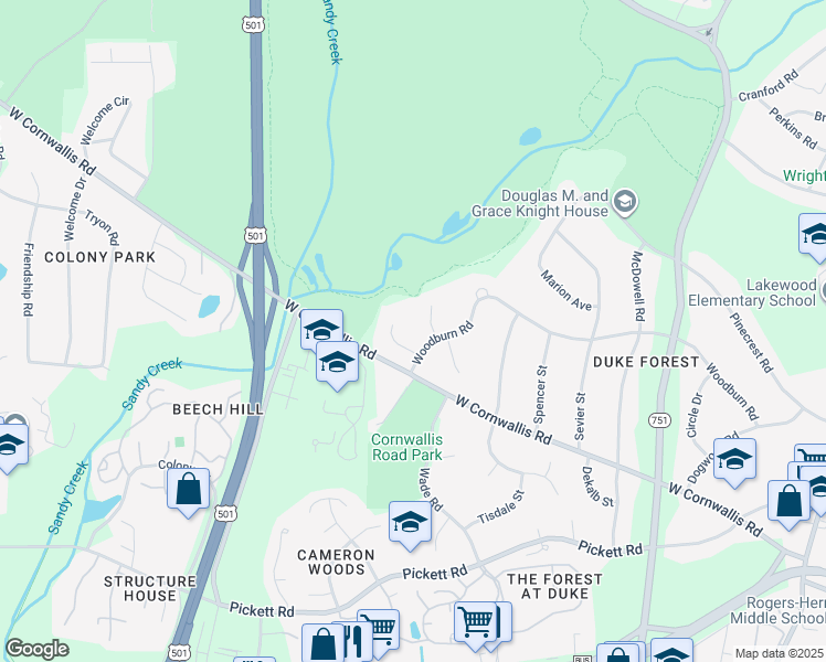 map of restaurants, bars, coffee shops, grocery stores, and more near 6 Scott Place in Durham