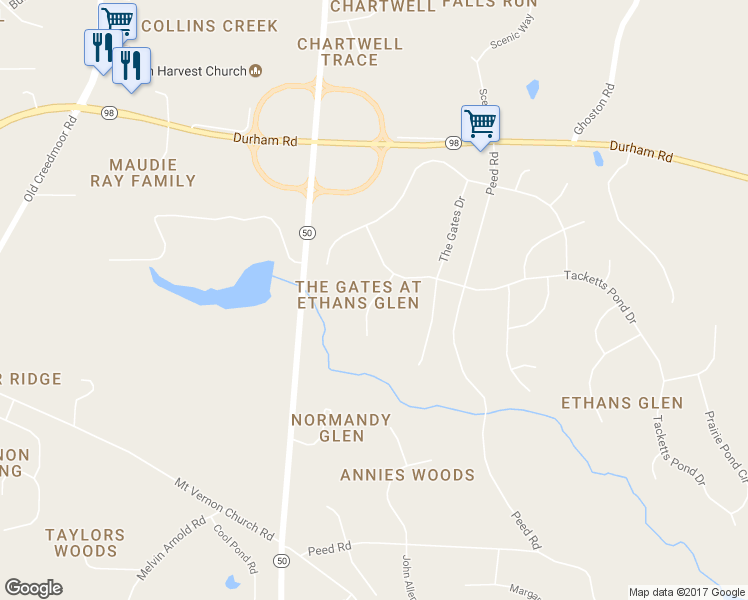 map of restaurants, bars, coffee shops, grocery stores, and more near Upper Creek Way in Raleigh