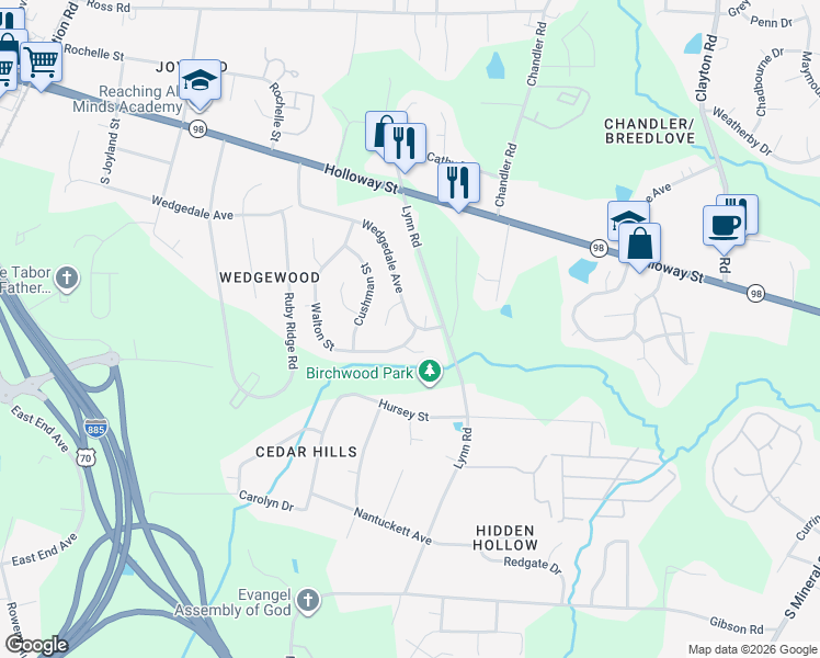 map of restaurants, bars, coffee shops, grocery stores, and more near 3110 Wedgedale Avenue in Durham