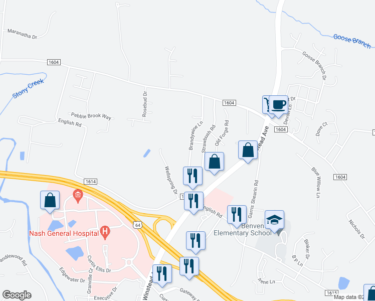 map of restaurants, bars, coffee shops, grocery stores, and more near 932 Brandywine Lane in Rocky Mount