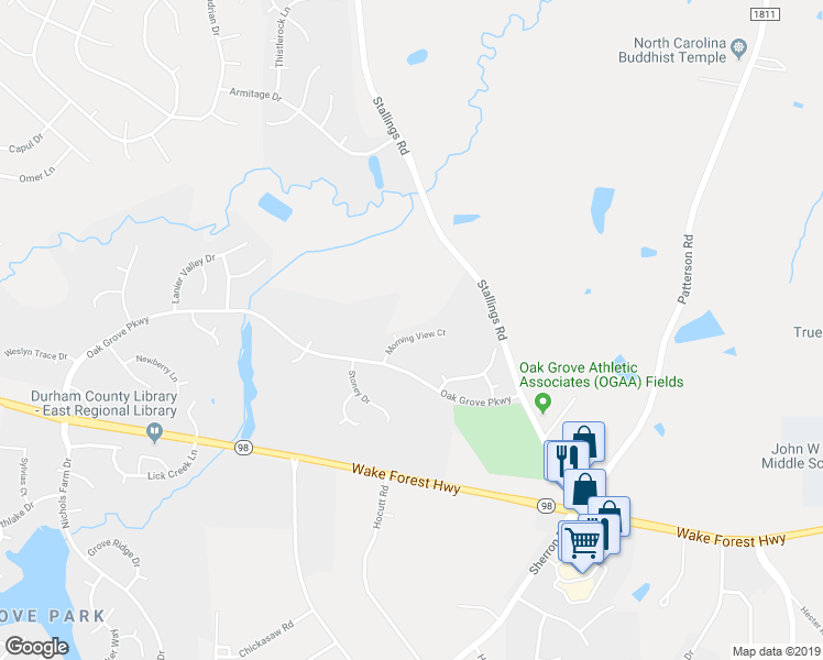 map of restaurants, bars, coffee shops, grocery stores, and more near 205 Morning View Court in Durham