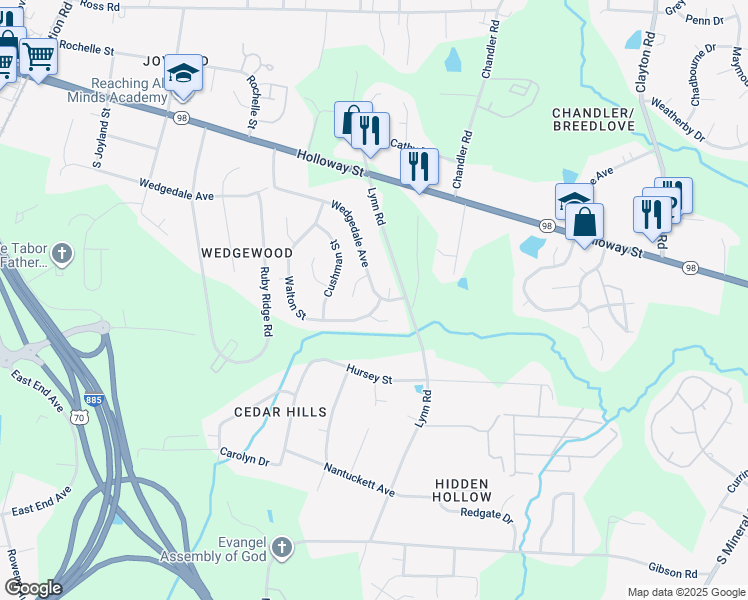 map of restaurants, bars, coffee shops, grocery stores, and more near 3110 Wedgedale Avenue in Durham