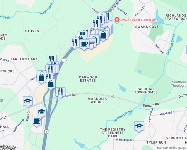 map of restaurants, bars, coffee shops, grocery stores, and more near 134 Dogwood Lane in Wake Forest