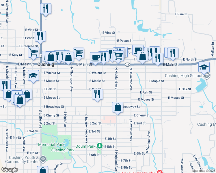 map of restaurants, bars, coffee shops, grocery stores, and more near 1027 East Oak Street in Cushing