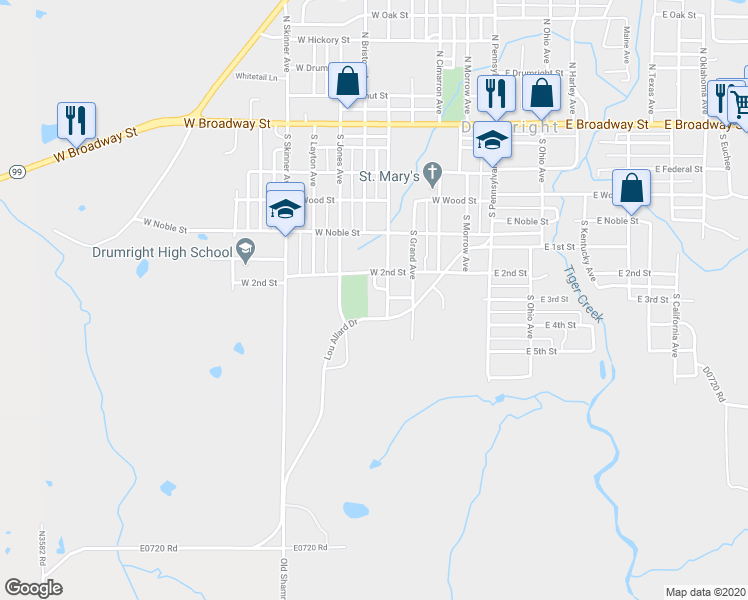map of restaurants, bars, coffee shops, grocery stores, and more near 501 Lou S Allard in Drumright