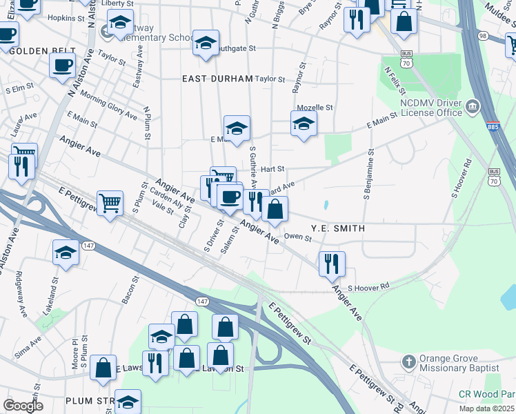 map of restaurants, bars, coffee shops, grocery stores, and more near 309 South Guthrie Avenue in Durham
