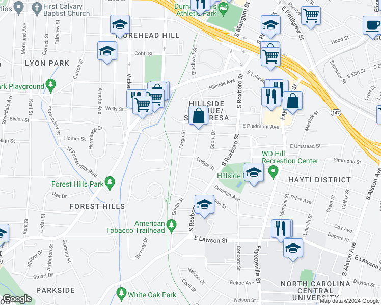map of restaurants, bars, coffee shops, grocery stores, and more near 1201 Fargo Street in Durham