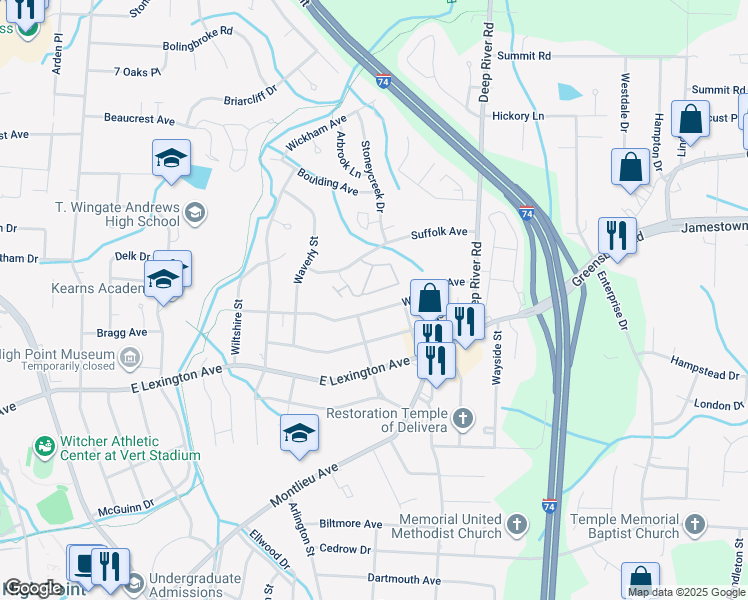 map of restaurants, bars, coffee shops, grocery stores, and more near 2507 Woodruff Avenue in High Point