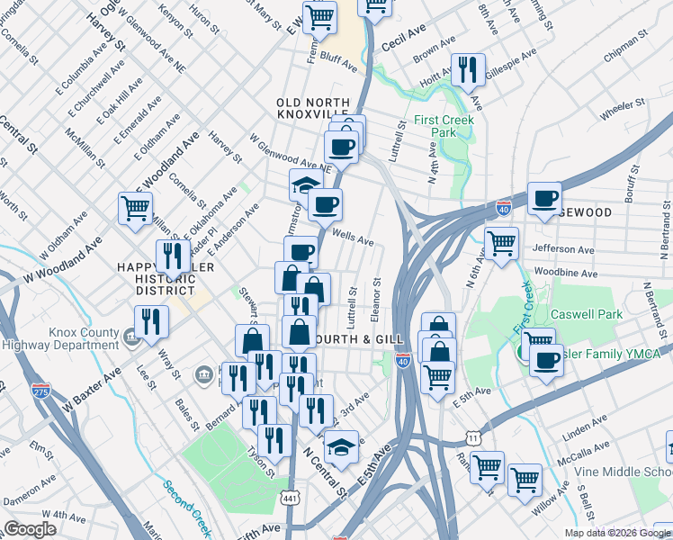 map of restaurants, bars, coffee shops, grocery stores, and more near 1020 Gratz Street in Knoxville