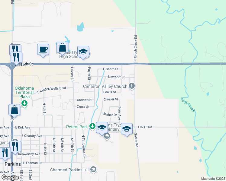 map of restaurants, bars, coffee shops, grocery stores, and more near 108 Lewis Street in Perkins