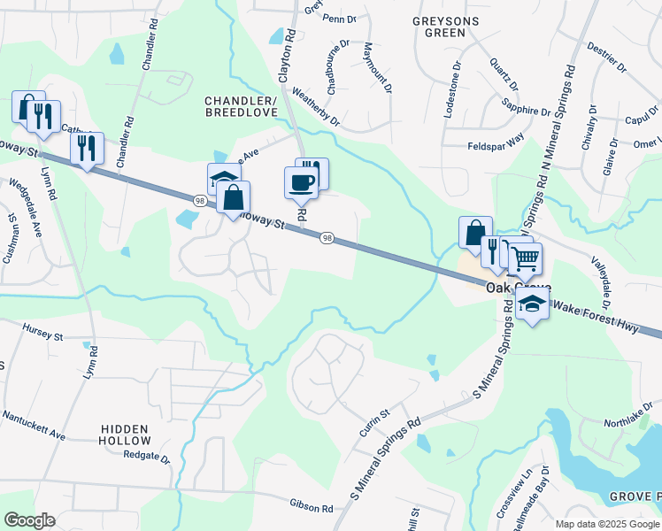 map of restaurants, bars, coffee shops, grocery stores, and more near 3420 Wake Forest Highway in Durham