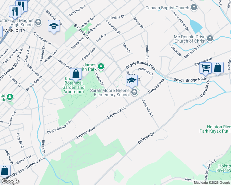map of restaurants, bars, coffee shops, grocery stores, and more near 2842 Gardenia Drive Southeast in Knoxville