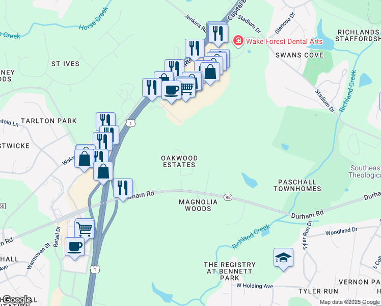 map of restaurants, bars, coffee shops, grocery stores, and more near 134 Dogwood Lane in Wake Forest