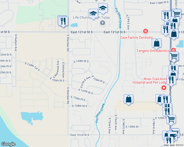 map of restaurants, bars, coffee shops, grocery stores, and more near 12622 South 68th East Avenue in Bixby
