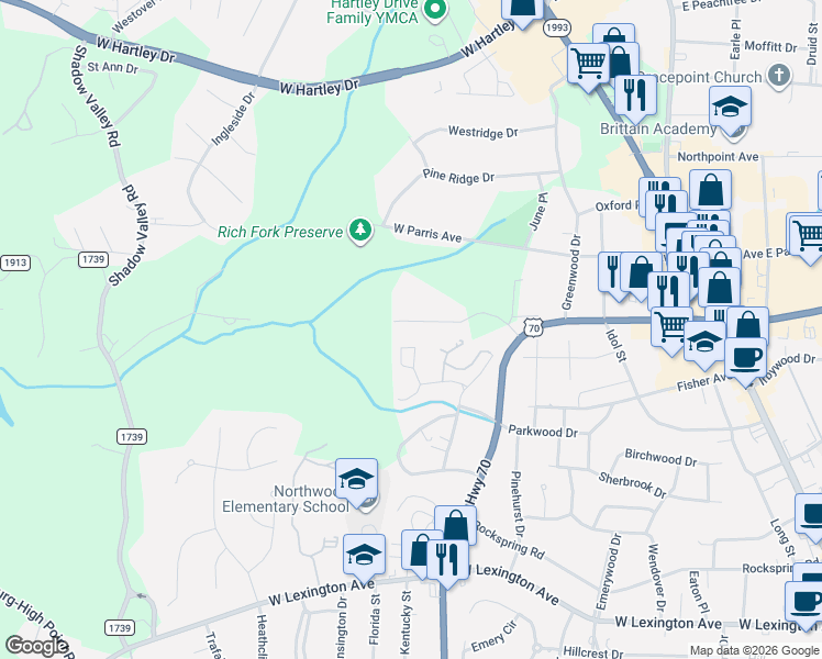 map of restaurants, bars, coffee shops, grocery stores, and more near 1742 Ternberry Road in High Point