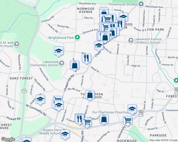map of restaurants, bars, coffee shops, grocery stores, and more near 2312 Huron Street in Durham
