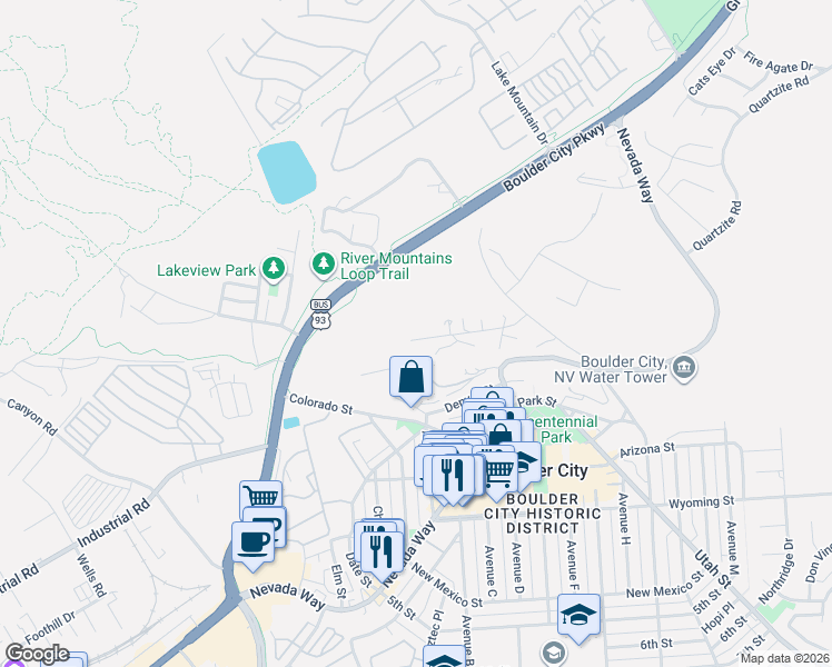 map of restaurants, bars, coffee shops, grocery stores, and more near 1321 Alpine Drive in Boulder City