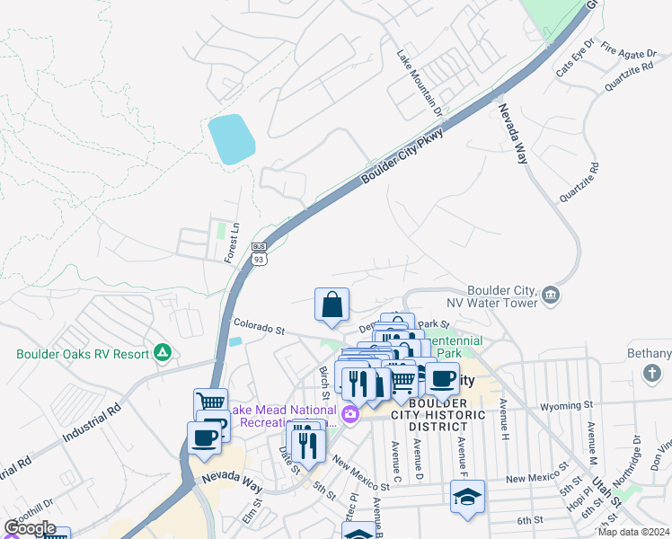 map of restaurants, bars, coffee shops, grocery stores, and more near 1318 Alpine Drive in Boulder City