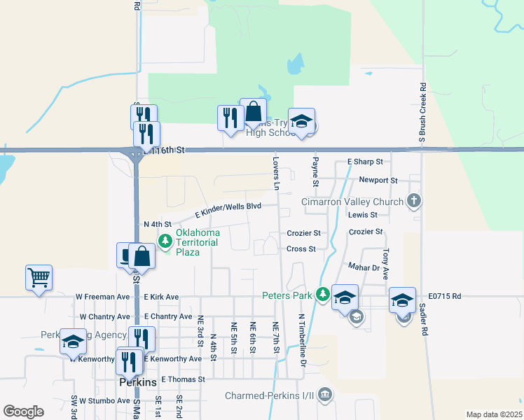 map of restaurants, bars, coffee shops, grocery stores, and more near 614 East Kinder/Wells Boulevard in Perkins