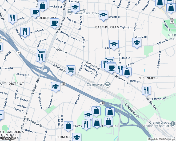 map of restaurants, bars, coffee shops, grocery stores, and more near Vale Street in Durham