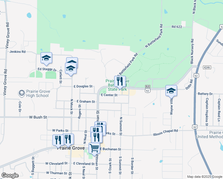 map of restaurants, bars, coffee shops, grocery stores, and more near 409 East Douglas Street in Prairie Grove