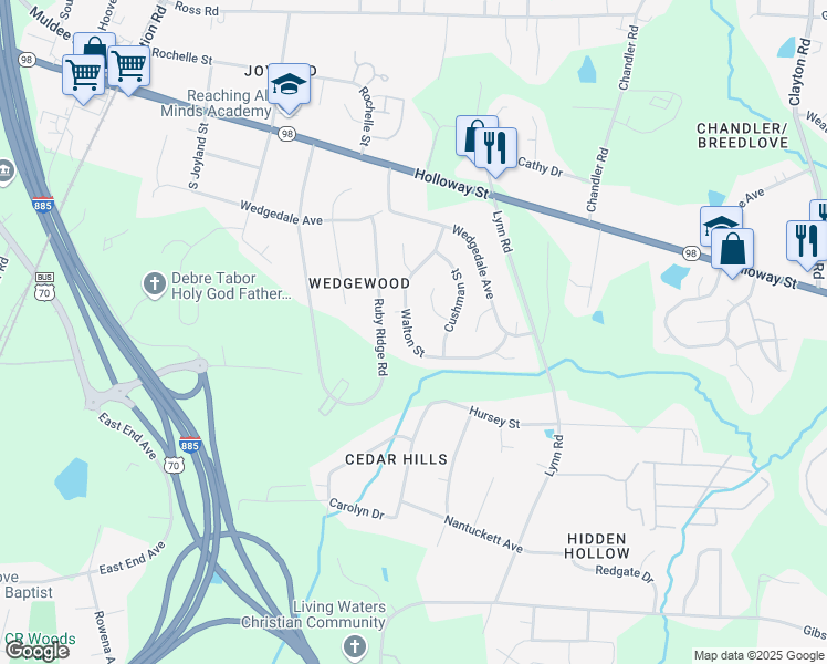 map of restaurants, bars, coffee shops, grocery stores, and more near 407 Walton Street in Durham