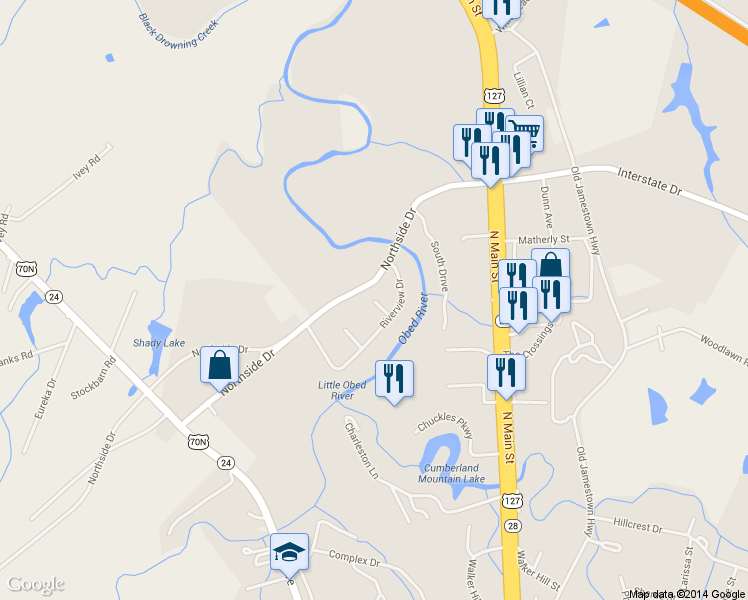 map of restaurants, bars, coffee shops, grocery stores, and more near 70 North Riverview Lane in Crossville