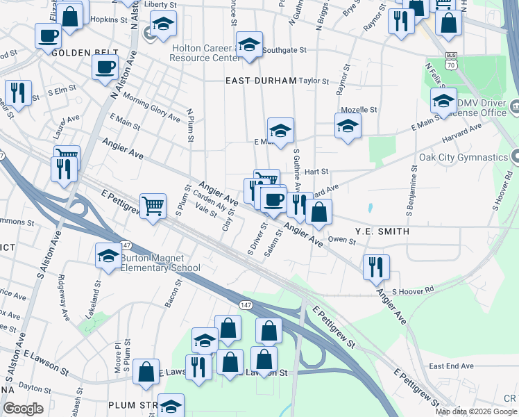 map of restaurants, bars, coffee shops, grocery stores, and more near 2014 Angier Avenue in Durham