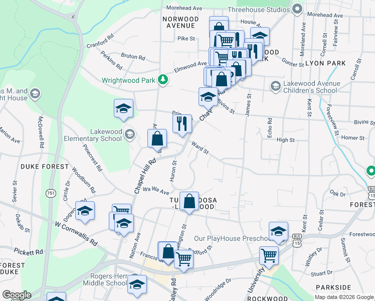 map of restaurants, bars, coffee shops, grocery stores, and more near 2312 Huron Street in Durham
