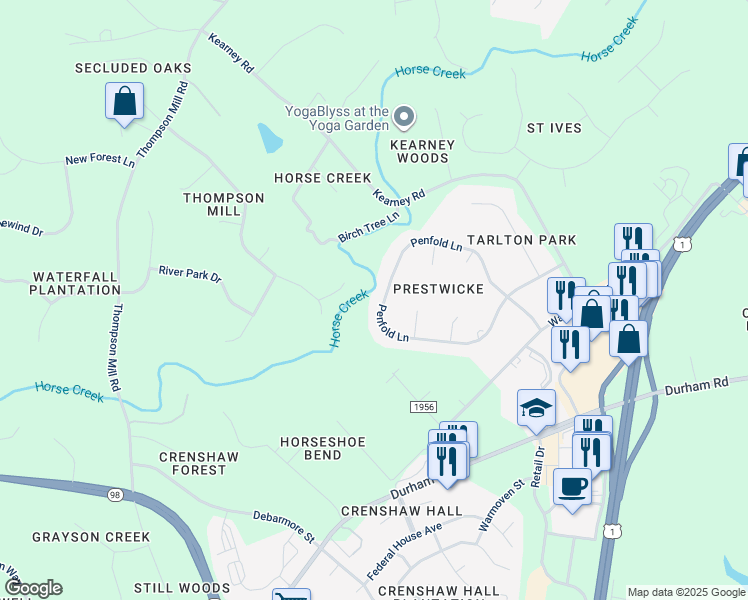 map of restaurants, bars, coffee shops, grocery stores, and more near 2733 Penfold Lane in Wake Forest