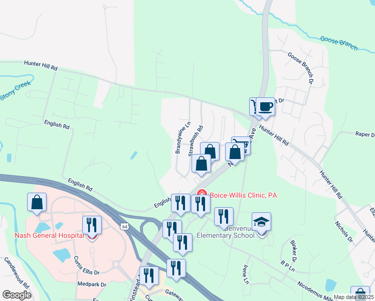 map of restaurants, bars, coffee shops, grocery stores, and more near 924 Strawbush Road in Rocky Mount