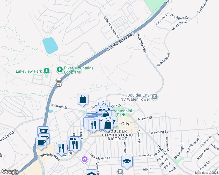 map of restaurants, bars, coffee shops, grocery stores, and more near 3 Linda Lane in Boulder City