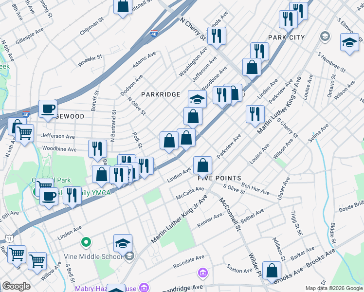 map of restaurants, bars, coffee shops, grocery stores, and more near 2310 East Magnolia Avenue in Knoxville