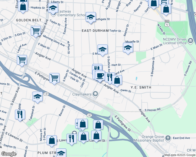 map of restaurants, bars, coffee shops, grocery stores, and more near 2100 Angier Avenue in Durham