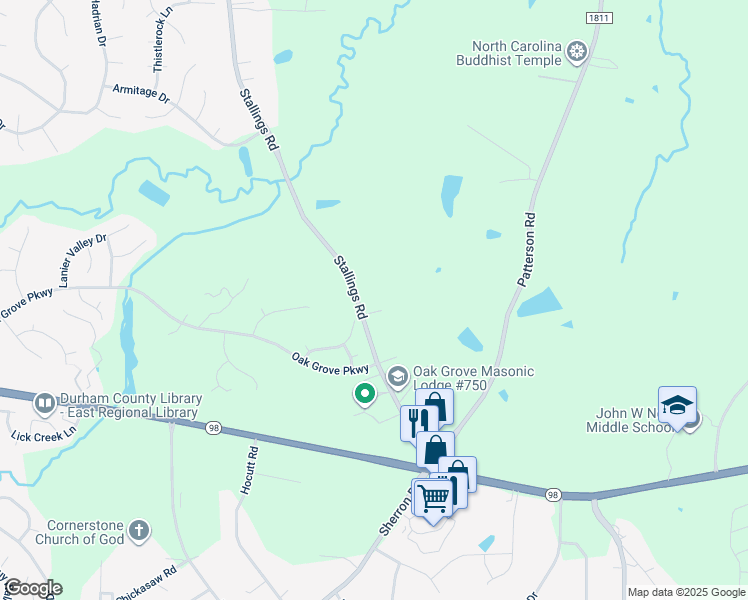 map of restaurants, bars, coffee shops, grocery stores, and more near 320 Stallings Road in Durham