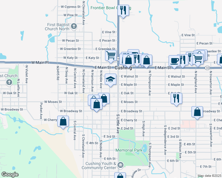 map of restaurants, bars, coffee shops, grocery stores, and more near 316 North Steele Avenue in Cushing