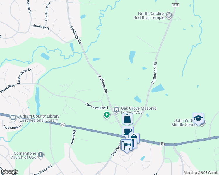 map of restaurants, bars, coffee shops, grocery stores, and more near 320 Stallings Road in Durham