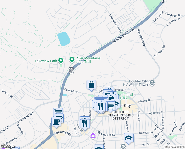 map of restaurants, bars, coffee shops, grocery stores, and more near 1318 Alpine Drive in Boulder City