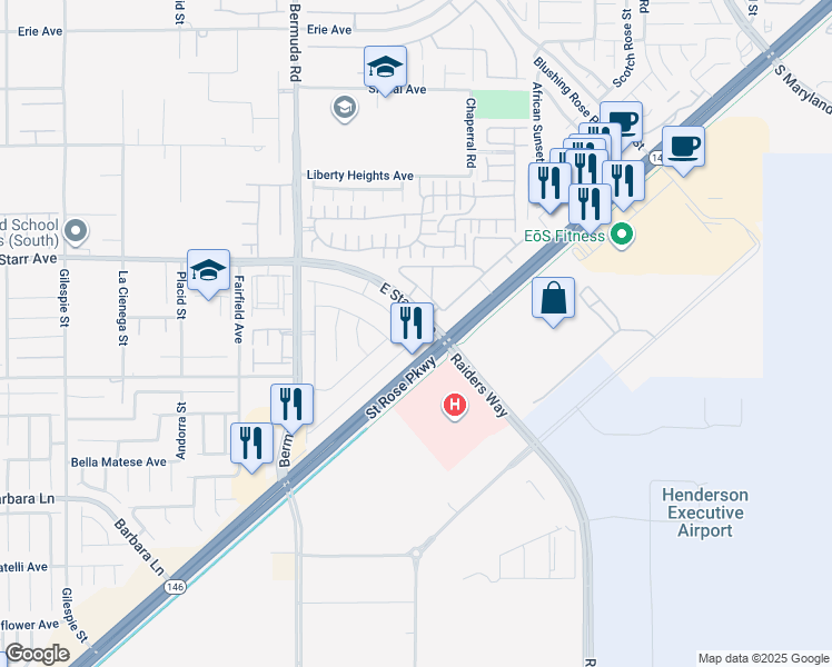 map of restaurants, bars, coffee shops, grocery stores, and more near 500 Raiders Way in Henderson