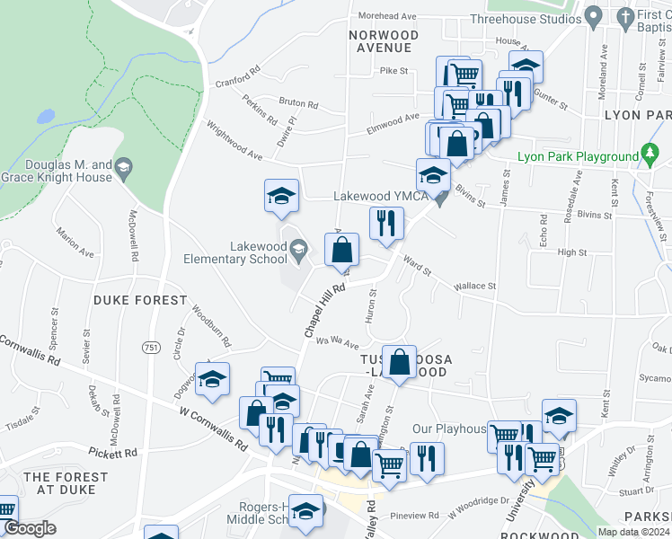 map of restaurants, bars, coffee shops, grocery stores, and more near 2505 Vesson Avenue in Durham